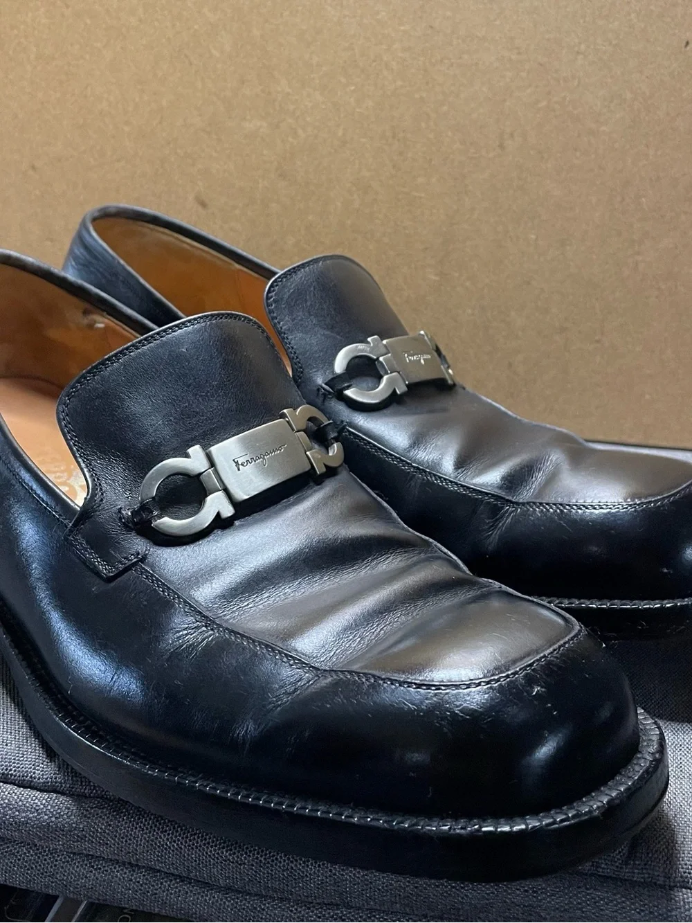 Salvatore Ferragamo Black Leather Gancini Bit Slip-On Loafers